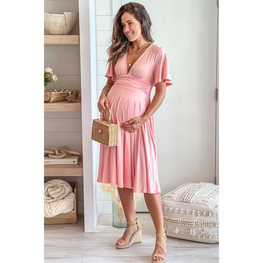 Dress Day Baby Pink Maternity Midi Dress with Short Sleeves Sz L